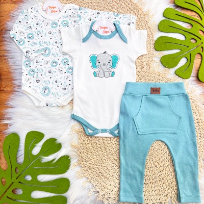  CONJ. DE MALHA 3 PEÇAS - Elefantinho e Safari - Verde Menta e Off White